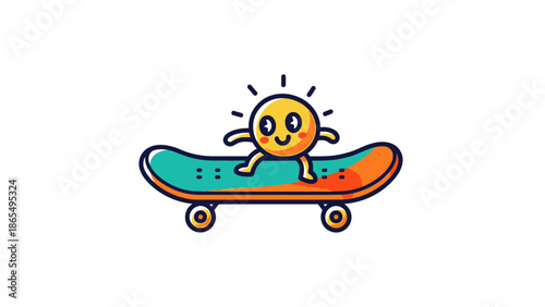 Cheerful sun character riding a colorful skateboard with a playful expression.