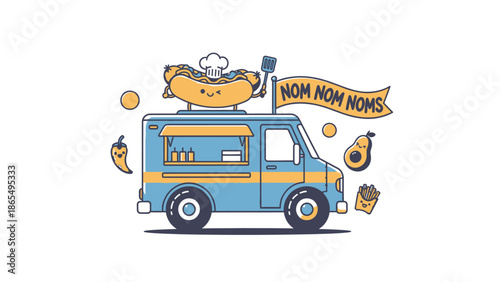 Cute cartoon food truck serving a hot dog with playful design elements.