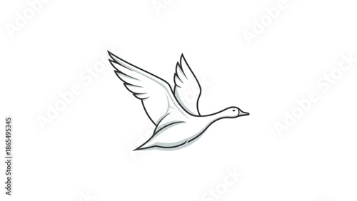 Minimalistic black and white line drawing of a flying duck in mid-air.
