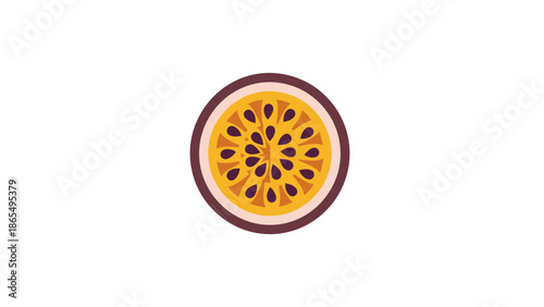 Close-up illustration of a sliced passion fruit with seeds inside.