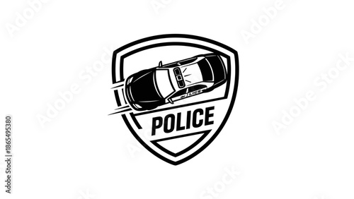 Black and white police badge logo with car illustration.