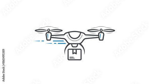 Minimalist line art illustration of a delivery drone in flight carrying a package.