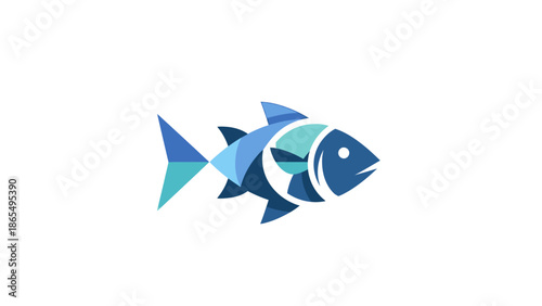 Abstract geometric fish illustration with blue tones and sharp edges.