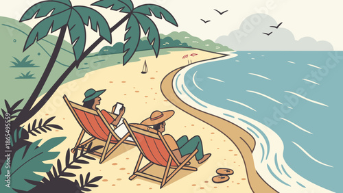 Tropical island paradise: Summer beach vacation with palm trees, hammock, and turquoise ocean water