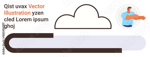 Cloud computing, data progress, technology services, online communication, storage systems, workflow. Graphic of a cloud, progress bar and a male figure. Cloud computing and data progress concept
