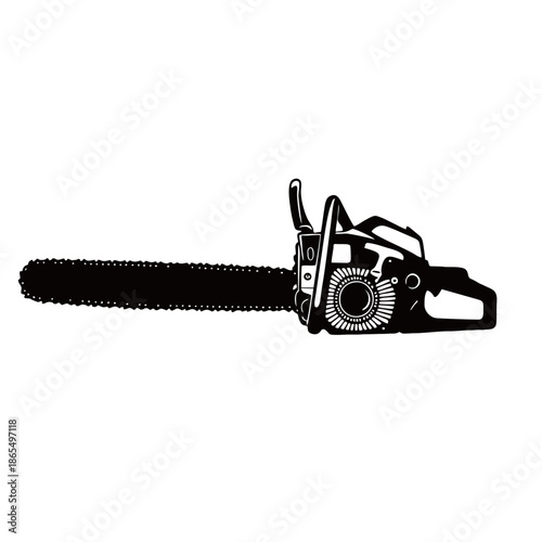 Black and white illustration of a professional chainsaw machine, featuring a detailed mechanical design for industrial, forestry, and logging concepts.