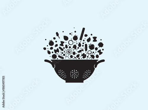 Kitchen strainer silhouette with food exploding in motion
