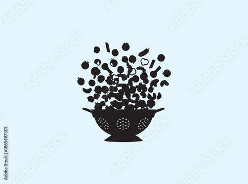 Kitchen colander silhouette with dynamic food preparation motion
