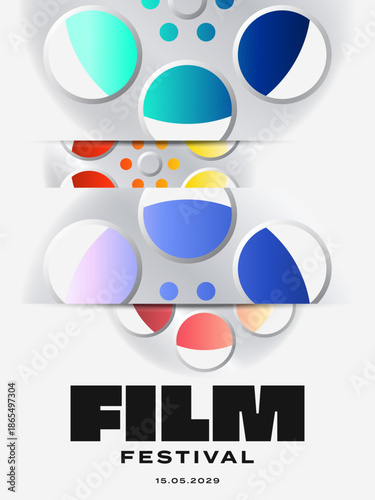 Modern abstract film festival poster template design with colorful film reel and bold typography isolated on white background. Vector illustration