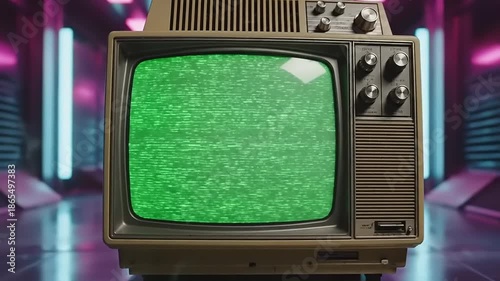 Retro 1980s television Green Screen static noise display