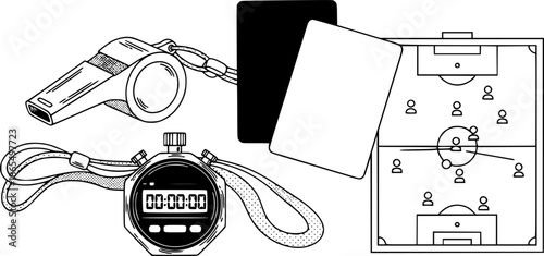 Monochrome vector line art whistle referee card stopwatch tactical board World Cup 2026 soccer equipment collection isolated white background