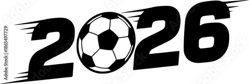 Bold black vector typography 2026 number integrated soccer ball elements World Cup geometric modern font championship isolated white background design