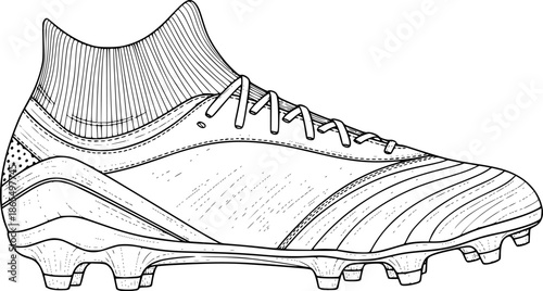 Clean black line drawing soccer cleats boots detailed illustration World Cup 2026 equipment side view technical vector isolated white background