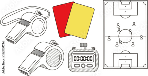 Monochrome vector line art whistle referee card stopwatch tactical board World Cup 2026 soccer equipment collection isolated white background
