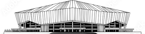 Minimalist black line art stadium architecture vector geometric modern structure World Cup 2026 venue architectural drawing isolated white background