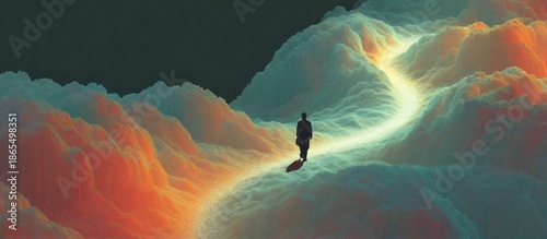 Silhouette walks illuminated path through cloud-like landscape