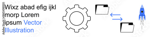 Data sharing, process optimization, technology integration, digital workflow, innovation, cloud computing. A gear links folders and a blue rocket. Data sharing and process optimization concept
