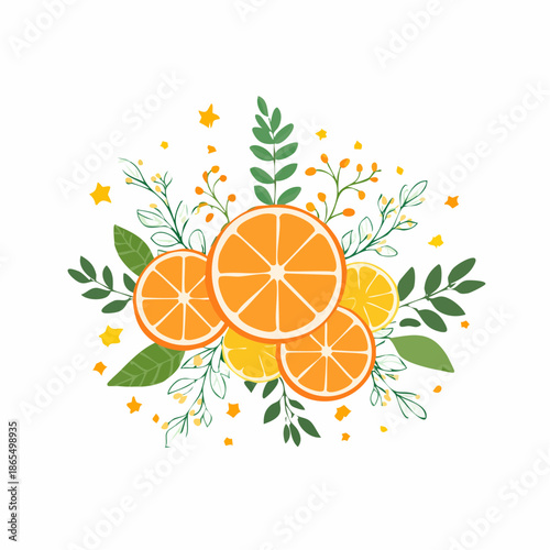 Orange citrus fruits with leaves and flowers.