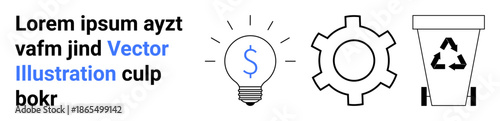 Lightbulb with dollar sign, gear, and recycling bin imply innovation, mechanics, and sustainability. Ideal for business, eco-awareness, creativity, engineering startups workflow simple landing