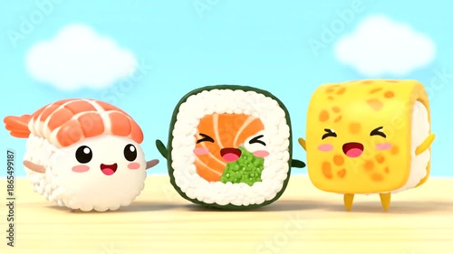 Cute Sushi Characters Animation with Smiling Faces and Waving Arms.