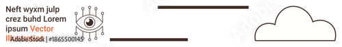 Data security, cloud computing, technology networking, artificial intelligence, innovation, digital storage. Eye symbol linked to circuits and a minimal cloud shape. Data security and cloud computing