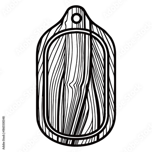 Minimalist black and white top view of a wooden chopping board on a neutral background for kitchen food preparation