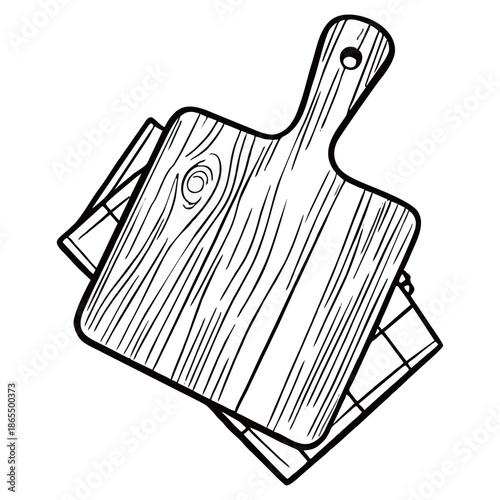 Minimalist black and white top view of a wooden chopping board on a neutral background for kitchen food preparation