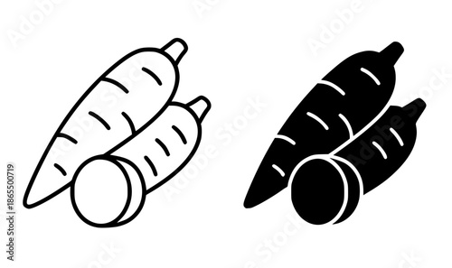 Cassava illustration icon in outline and silhouette styles