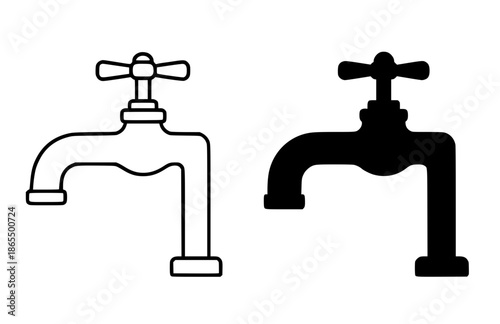Faucet illustration in outline and silhouette styles