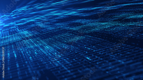 Futuristic Blue Digital Grid Background with Glowing Dots and Lines for Technology and Data Network Concept. 3d Rendering