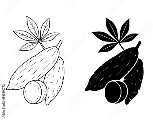 Cassava illustration in outline and silhouette styles