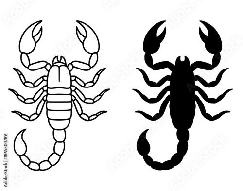 Scorpion illustration icon in outline and silhouette styles