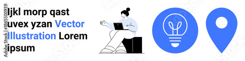 Concepts include brainstorming, technology usage, location services, education, creativity, and innovation. A person seated with a laptop, lightbulb and map pin icons. Brainstorming and technology