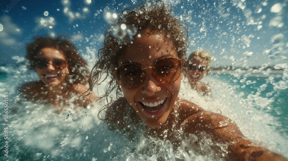 Obraz premium Group of smiling young women enjoying a refreshing swim in the clear ocean water on a sunny day, wearing sunglasses