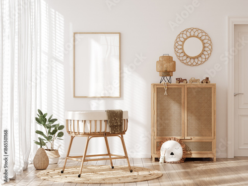 Poster frame mockup in beautiful nursery with rattan furniture, Scandi-Boho children room interior, 3d render