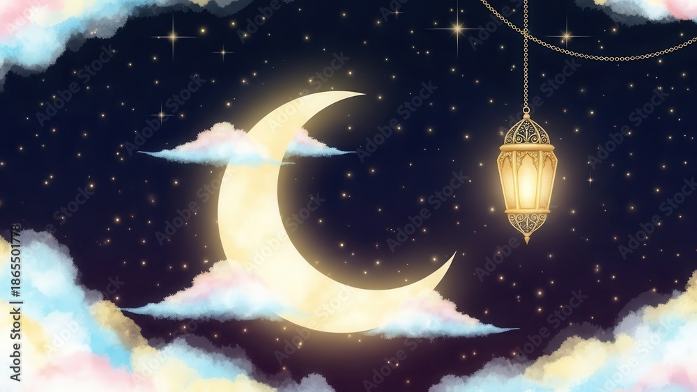 Fototapeta premium Enchanted night sky with crescent moon and hanging lantern