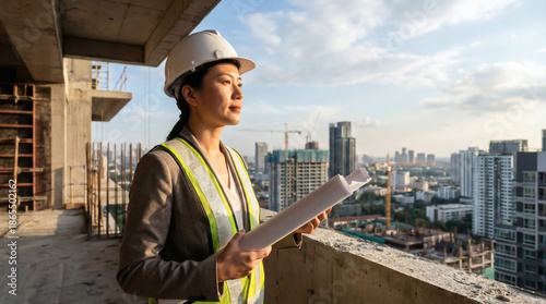 Visionary Asian Female Engineer or Architect Holding Blueprints on High-Rise Construction Site at Sunset