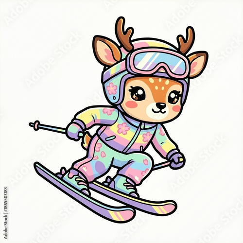 Kawaii deer fawn skiing downhill wearing pastel floral winter gear