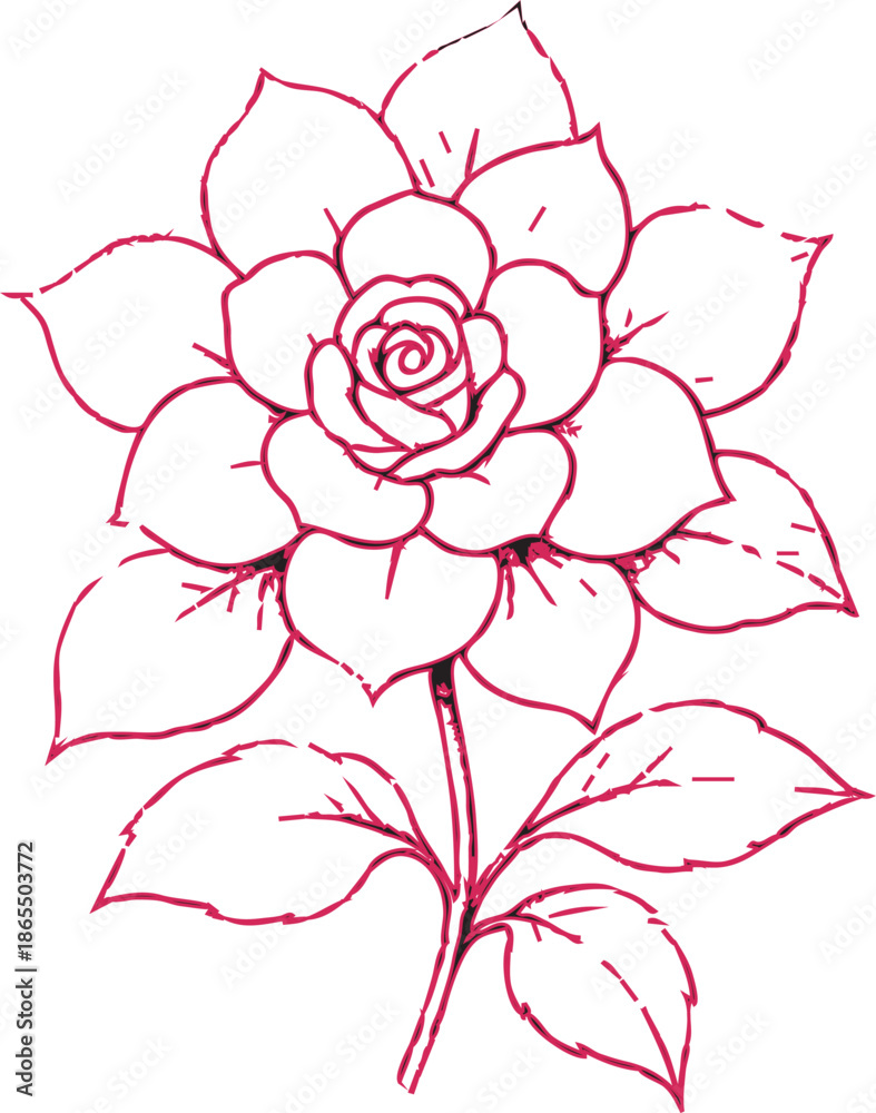 Fototapeta premium Vintage pink rose floral vector illustration featuring a blooming spring flower branch and green leaves on a white background for nature design