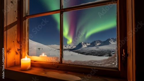 Spectacular Aurora Borealis Over Snowy Mountains from Cozy Window with Candlelight