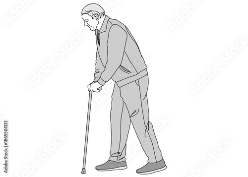 両手で杖をついて歩いている高齢男性 おじいさんのイラスト 全身横向き 横顔