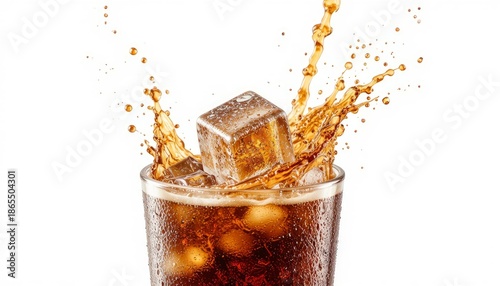 Ice cube splashing into a glass of cola soda drink with bubbles
