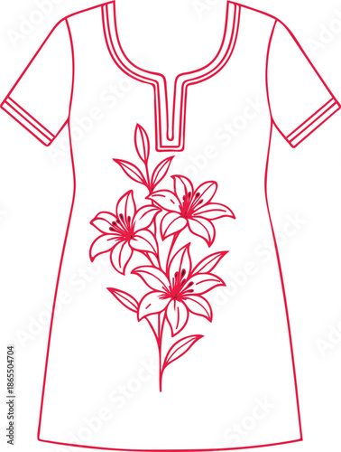 Vector illustration of a casual cotton t-shirt design featuring a floral fashion pattern on a blank white tee apparel template for woman's clothing