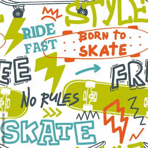Grunge vector illustration with skateboard and words on white background  for boys. Bright neon print. Seamless pattern