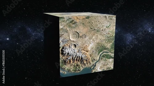 Earth Cube Rotating in Space with Stars Background, Abstract Concept.