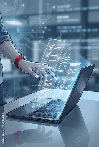 Business professional using laptop with holographic data interface, digital document control, cloud technology workflow, modern office productivity scene