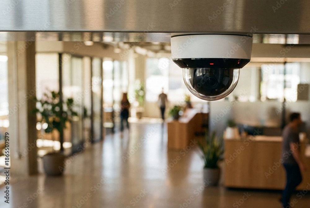 Obraz premium Modern white security camera mounted on the ceiling of a busy corporate office lobby