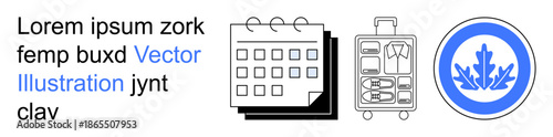 Travel planning, eco-tourism, vacation organization, sustainable travel, schedule management, packing tips. Includes a calendar, suitcase with outlined contents and blue eco-friendly badge. Travel