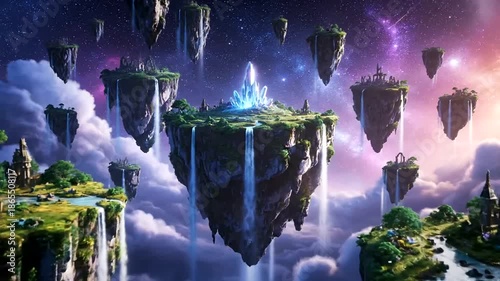Fantasy Floating Islands with Waterfalls and Lush Vegetation.
