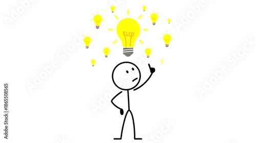 Stick Figure Thinking with Light Bulb Ideas Animation.